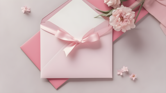 粉色信封与花朵摄影图片