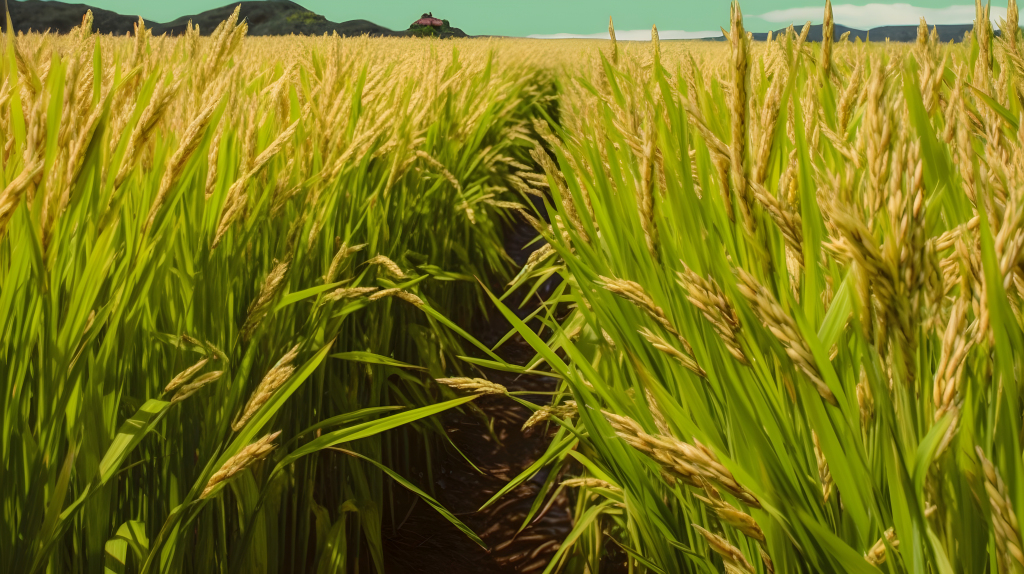 稻田中部分成熟的稻谷摄影图片