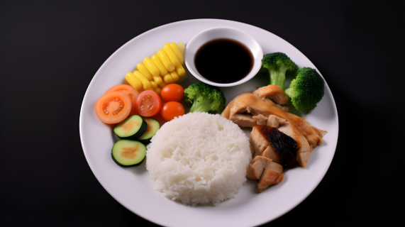 白盘上的米饭和蔬菜摄影图片