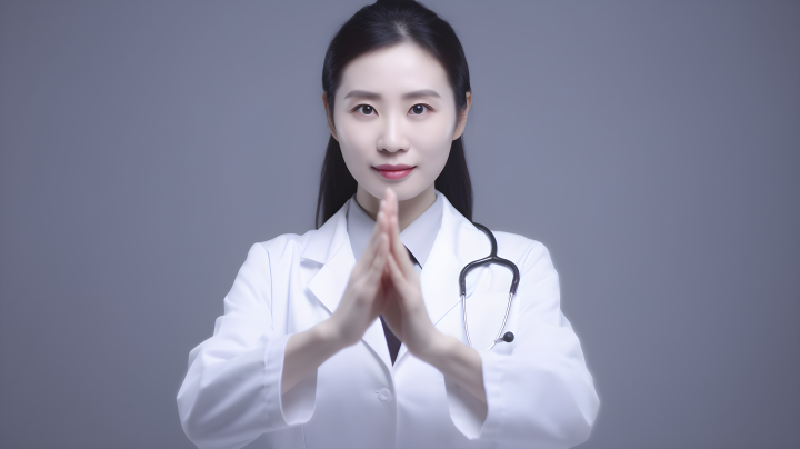 年轻中国女医生手做心形手势照片版权图片下载