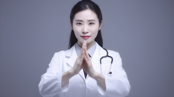 年轻中国女医生手做心形手势照片