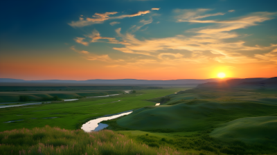 北方田野和河流上的日落美景摄影图片