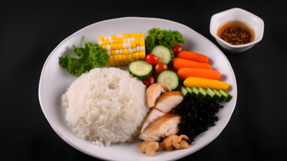 白色盘子上的米饭和蔬菜摄影图