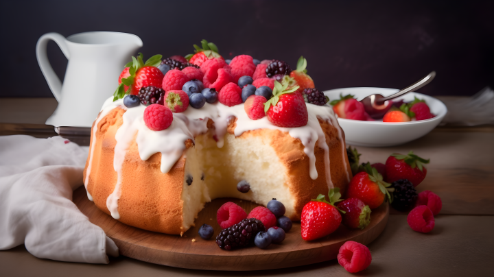 奶油磅蛋糕搭配浆果和奶油的摄影版权图片下载