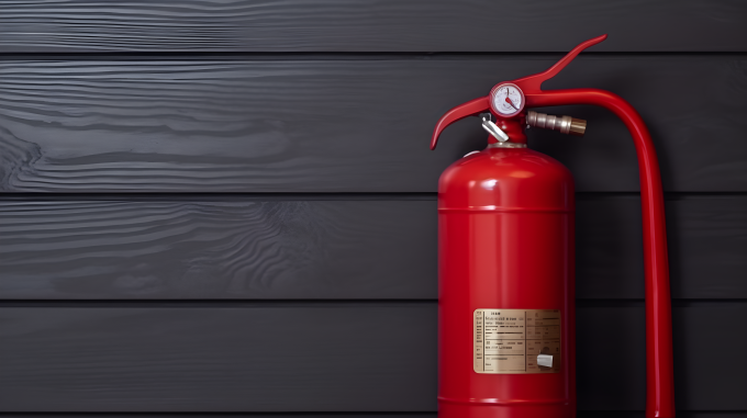 红色灭火器木纹背景摄影图片