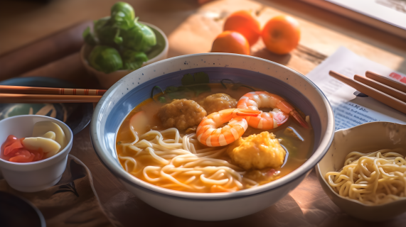 香辣虾面汤和其他食物在桌子上的图像摄影图片