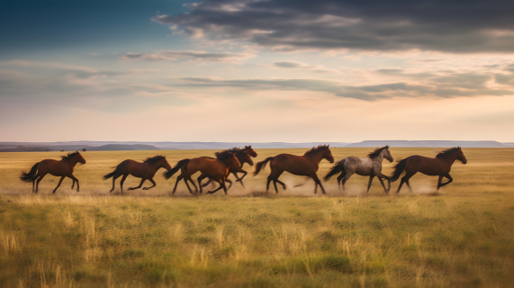 沙漠日出中的奔马摄影图