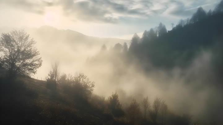山中浓雾中阳光穿过的迷幻风景摄影图版权图片下载