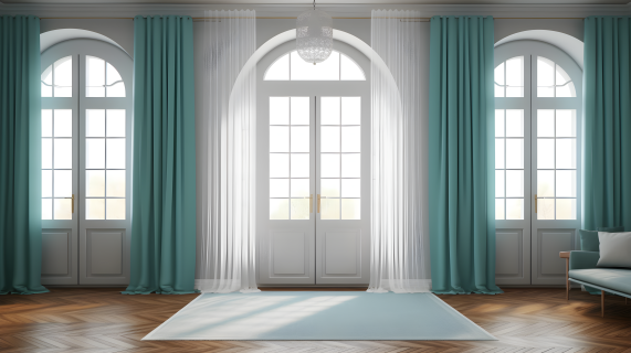 明亮清新的蓝色窗帘和木地板的客厅摄影图片