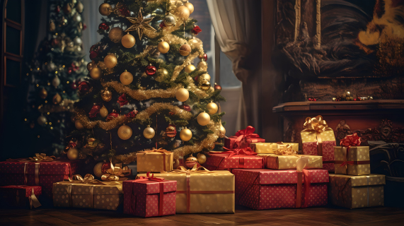 圣诞节圣诞礼物在树旁的摄影图片