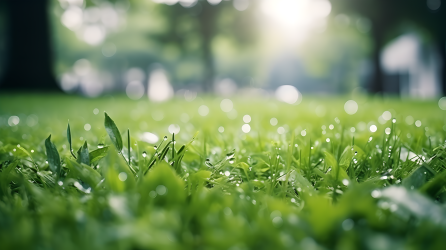 环保意识下洒水浇湿的绿叶草坪摄影图