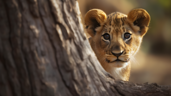 幼狮从树干中张望的摄影图版权图片下载