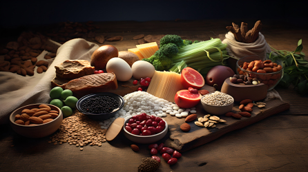 神奇的木质桌面上梦幻的水果、谷物和蔬菜摄影图