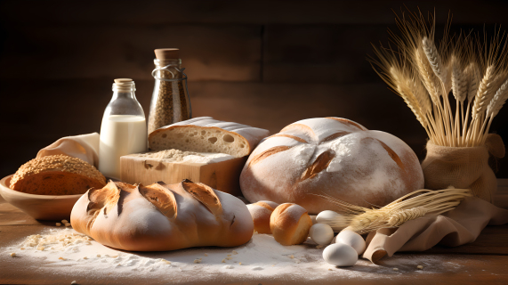 美食摄影：多样面包、鸡蛋、面粉和面棍摄影图