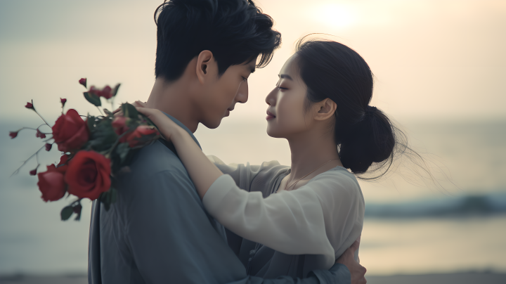 韩国夫妇在海滩上握着玫瑰花的异域恐怖纪实电影摄影图版权图片下载
