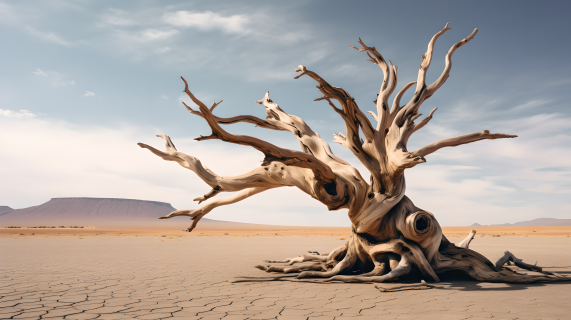 沙漠中的干枯的树摄影图
