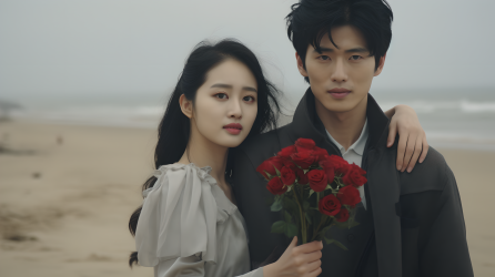 海滩上的韩国情侣手持玫瑰花