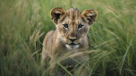 草丛中的狮子幼崽摄影图