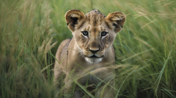 草丛中的狮子幼崽摄影图版权图片下载