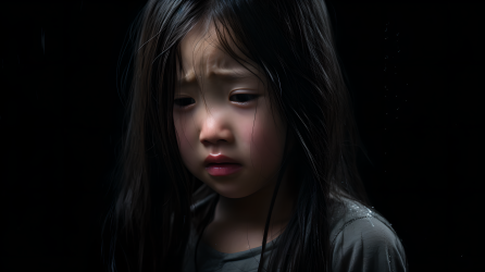 黑背景下的小女孩哭泣 摄影图片
