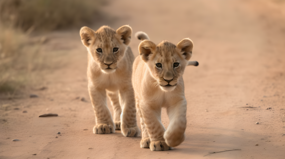 两只狮子幼仔在土路上行走的摄影图片
