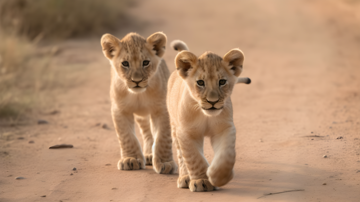 两只狮子幼仔在土路上行走的摄影版权图片下载