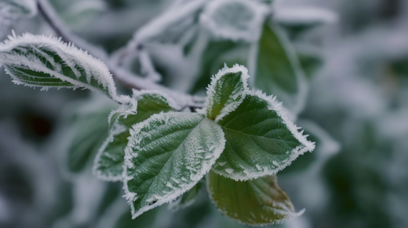 厚雪覆盖的绿叶摄影图片