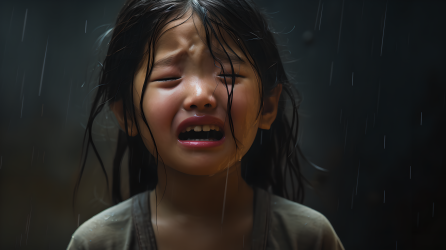 黑背景下的小女孩哭泣摄影图片