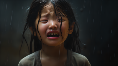 黑背景下的小女孩哭泣摄影图片