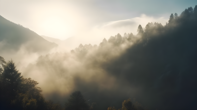 山间幻境：朦胧山雾中洒下的日光摄影图
