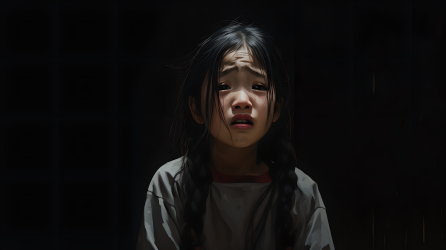 黑背景中的小女孩哭泣的摄影图片