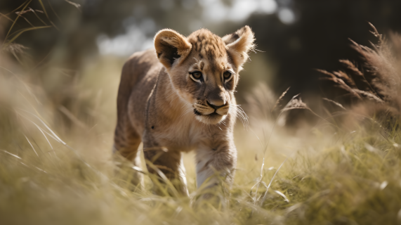 草丛中的幼年狮子摄影图