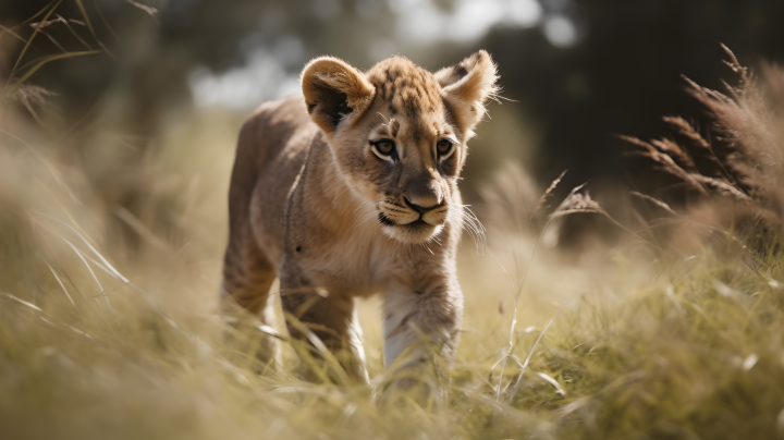 草丛中的幼年狮子摄影图版权图片下载