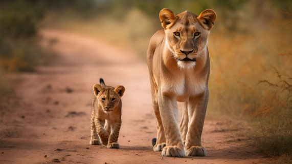 母狮子带着小狮子摄影图