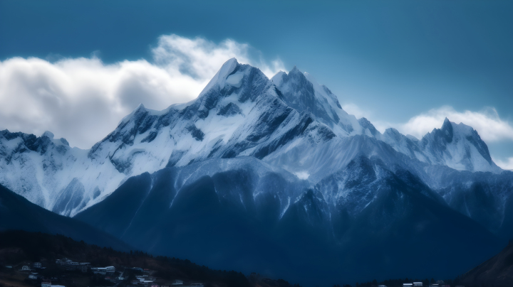 雪山如畫的村落風光摄影图版权图片下载