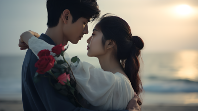 韩国情侣海滩惊悚摄影图