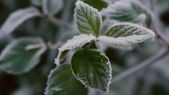 绿叶白雪中的自然奇观摄影图片