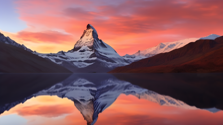 镜中萨尔瓦多达利风格的苏黎世山脉日落摄影图版权图片下载