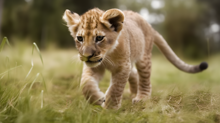 草原中奔跑的小狮子摄影图