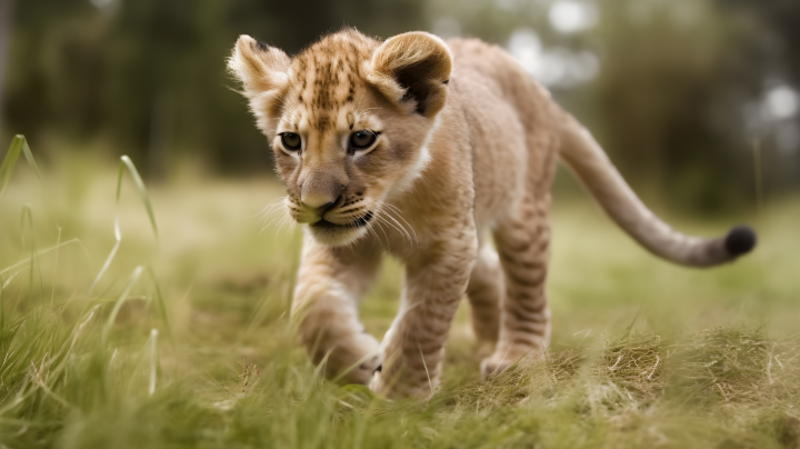 草原中奔跑的小狮子摄影图版权图片下载
