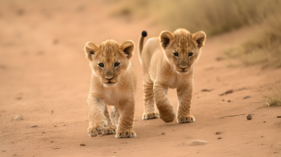 两只狮子幼崽在泥土小路上行走