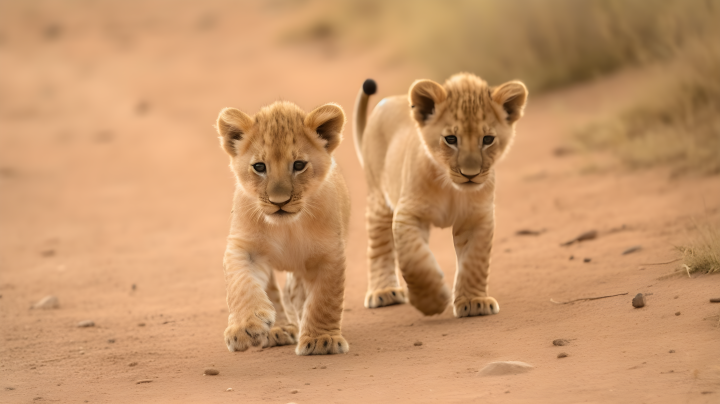 两只狮子幼崽在泥土小路上行走版权图片下载