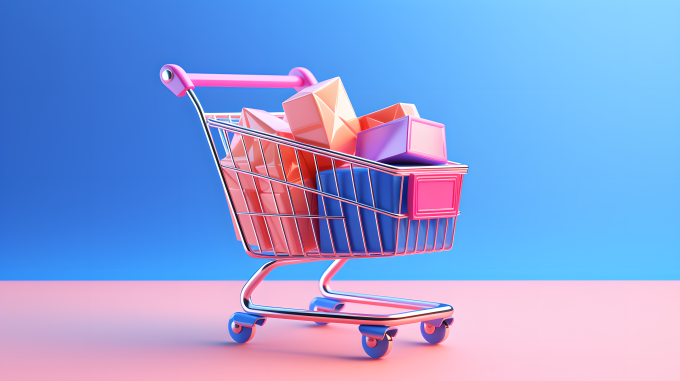 粉色背景上的蓝色购物车摄影图片