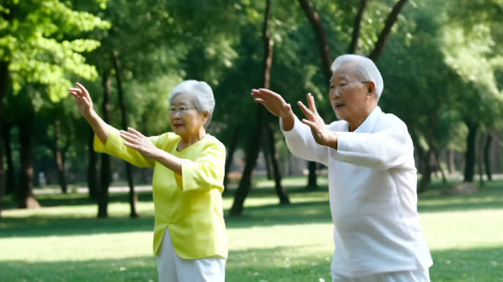 阳光公园里的太极老年夫妇摄影版权图片下载