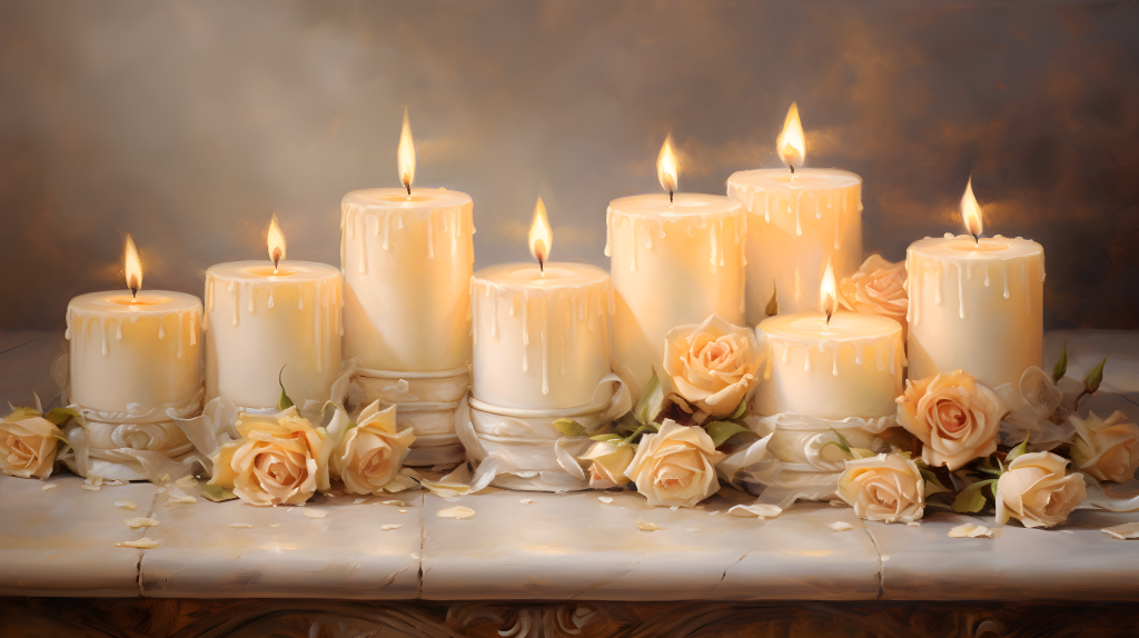 多尺寸的淡橙色和米色蜡烛摄影图片