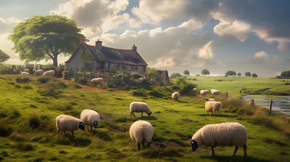 村庄风情中的绵羊们