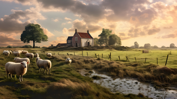 村庄旁的草地上有几只绵羊