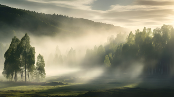 迷雾中的树林与白桦树景观摄影图