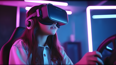 夜间VR游戏室中驾车的女性摄影图片