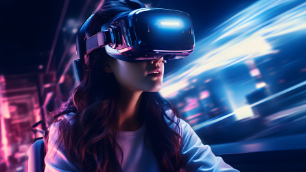 夜晚VR游戏室中驾驶的女性摄影图片